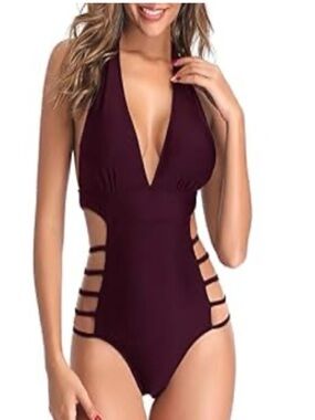 Deep Magenta Halter One-Piece Swimsuit with Side Straps